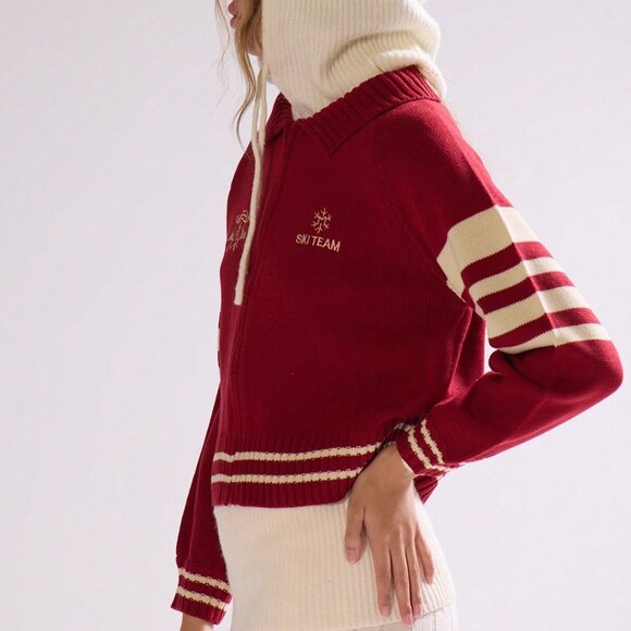 Red And White Casual Women's Embroidered Chunky Knit Stripe Cardigan - Picture 4 of 7